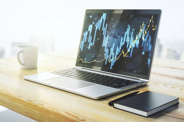 Gráfico financiero creativo abstracto en monitor portátil moderno, divisas y concepto de inversión. Renderizado 3D —  Fotos de Stock