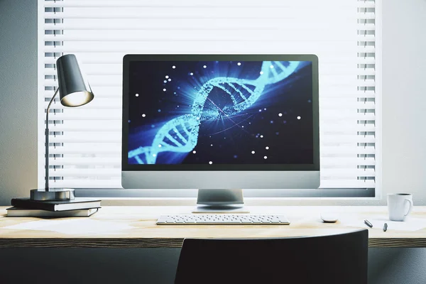 Εικονογράφηση DNA δημιουργικού φωτός σε σύγχρονη οθόνη υπολογιστή, επιστήμη και βιολογία. 3D απόδοση — Φωτογραφία Αρχείου
