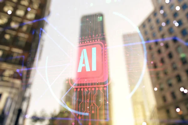 Podwójna ekspozycja twórczego hologramu sztucznej inteligencji na zamazane tło pejzażu miasta. Przyszłe technologie i koncepcja AI — Zdjęcie stockowe