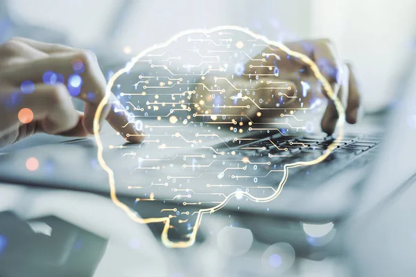 Kreativ artificiell intelligens koncept med mänskliga hjärnan skiss och händer skriva på dator tangentbord på bakgrunden. Dubbel exponering — Stockfoto
