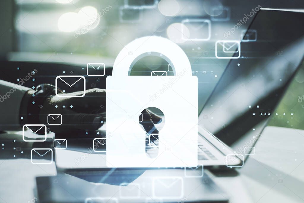 Creative concept with lock symbol and postal envelopes illustration and with hands typing on laptop on background. Protection and firewall concept. Multiexposure