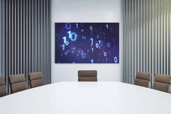 Creative abstract binary code hologram on presentation tv screen in a modern meeting room. Database and programming concept. 3D Rendering
