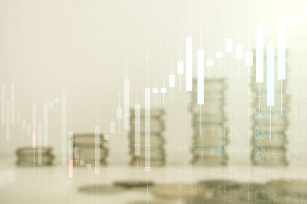Abstract virtueel financieel grafiek hologram op stapels munten achtergrond, forex en investeringsconcept. Meervoudige blootstelling — Stockfoto