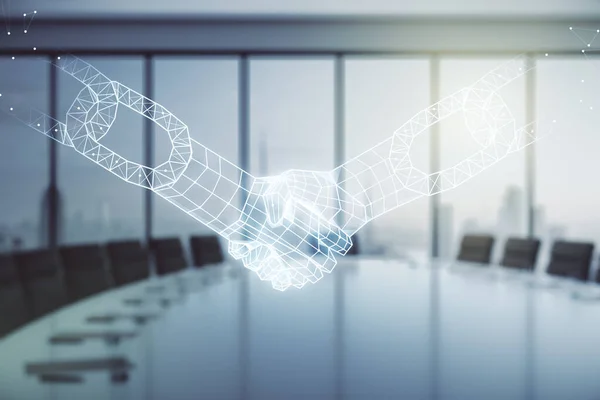 Double exposure of abstract virtual blockchain technology hologram with handshake on a modern meeting room background. Research and development decentralization software concept