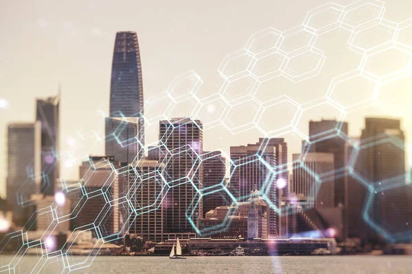 Abstract virtual technology sketch with hexagon grid on San Francisco office buildings background, future technology and AI concept. Double exposure