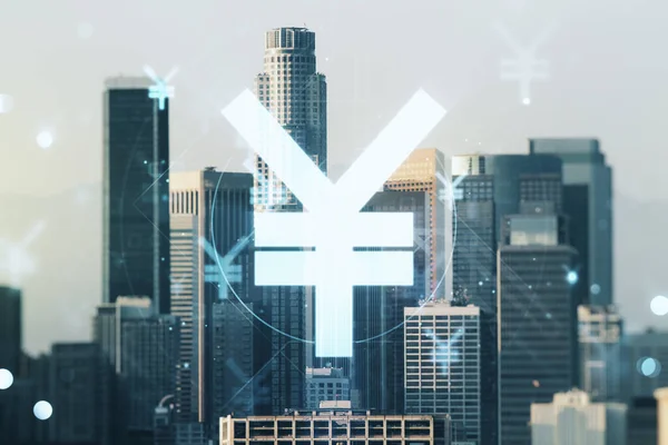 Abstract virtual Japanese Yen symbol illustration on Los Angeles skyline background. Conceito de negociação e moeda. Multiexposição — Fotografia de Stock