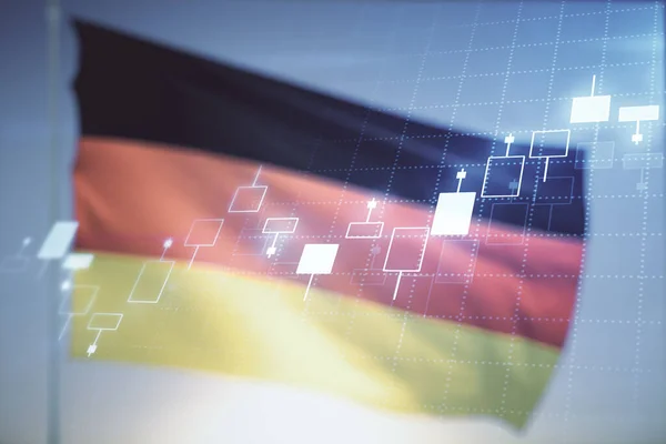 Abstraktní virtuální finanční hologram na pozadí německé vlajky a západu slunce, finanční a obchodní koncepce. Multiexpozice — Stock fotografie