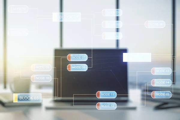 Exposición múltiple del boceto de codificación gráfica abstracta en el fondo de la computadora moderna, big data y concepto de red —  Fotos de Stock