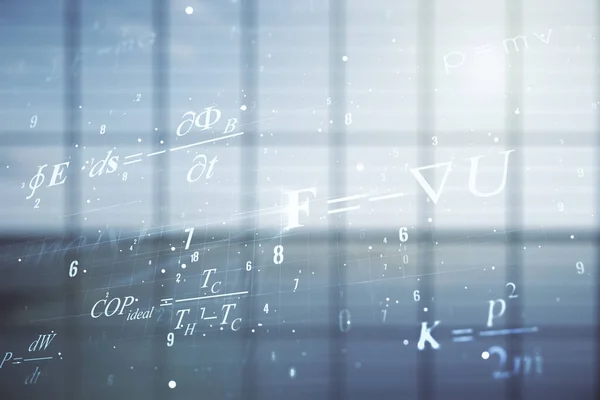 Двойная экспозиция научной формулы голограммы на пустом современном офисном фоне, концепция исследований и разработок — стоковое фото