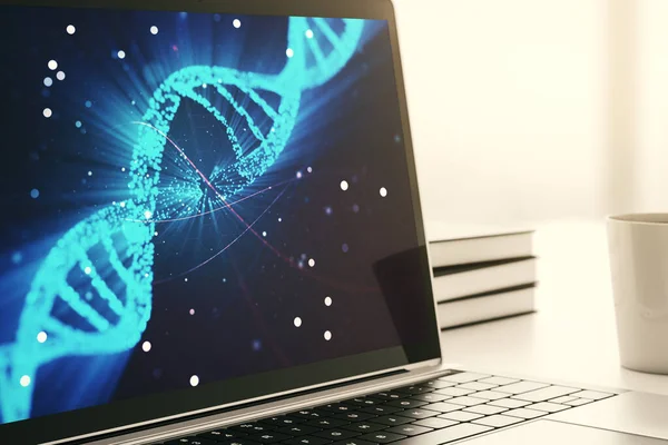 Conceito criativo com ilustração de símbolo de DNA na tela do laptop moderno. Conceito de pesquisa de genoma. Renderização 3D — Fotografia de Stock