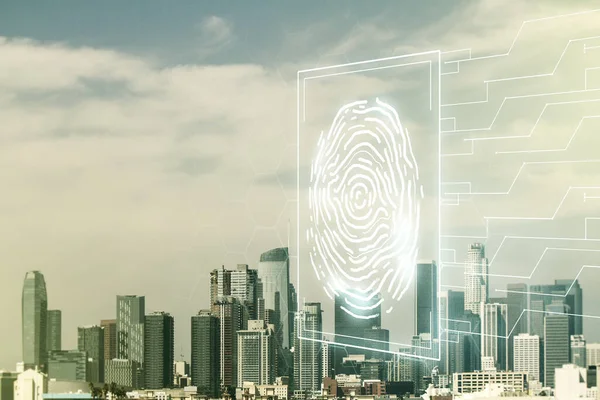 ロサンゼルスオフィスビルの背景に仮想創造的な指紋ホログラムの二重暴露、個人情報の概念の保護 — ストック写真
