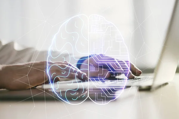 Creative artificial Intelligence concept with human brain hologram and hands typing on laptop on background. Multiexposure — Stock Photo, Image