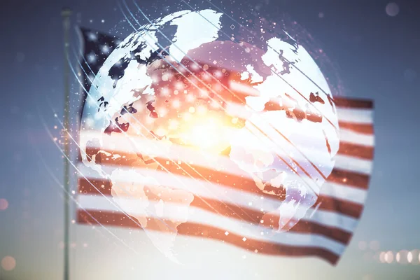 Abstraktní kreativní rozhraní mapy světa na pozadí vlajky USA a západu slunce, mezinárodní obchodní koncept. Multiexpozice — Stock fotografie
