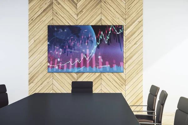 Abstrakcyjny kreatywny wykres finansowy i mapa świata na ekranie telewizora w nowoczesnym pomieszczeniu prezentacji, koncepcji finansowej i handlowej. Renderowanie 3D — Zdjęcie stockowe