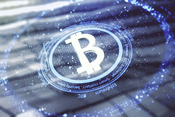 Dvojitá expozice kreativního symbolu Bitcoin na rozmazaném kovovém pozadí. Koncept kryptoměny — Stock fotografie