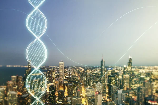 Virtual DNA symbol illustration on Chicago skyline background. Genome research concept. Multiexposure