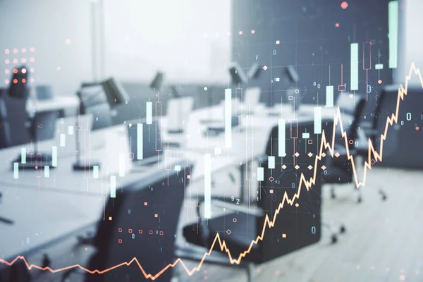 Holograma gráfico financiero virtual abstracto en un fondo de oficina amueblado moderno, la divisa y el concepto de inversión. Multiexposición —  Fotos de Stock