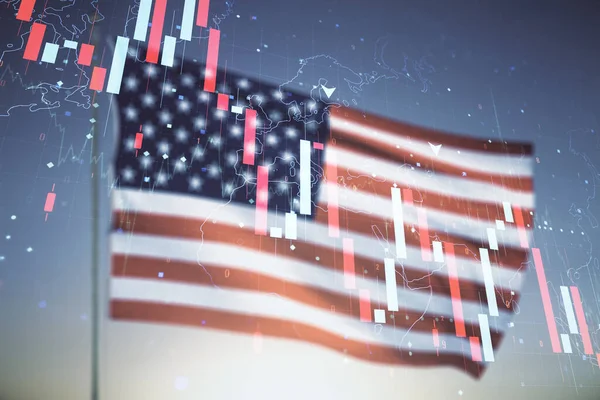 Abstrakcyjny wirtualny wykres kryzysu ilustracja na USA flagi i zachód słońca tle nieba. Globalny kryzys i koncepcja upadłości. Wieloskładnikowa — Zdjęcie stockowe