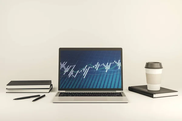 Monitor de computadora moderno con gráfico financiero creativo abstracto, investigación y concepto de estrategia. Renderizado 3D — Foto de Stock