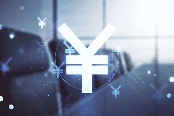 Abstract virtual Japanese Yen symbol hologram on a modern coworking room background, forex and currency concept. Multiexposure