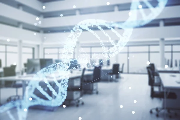 Virtual DNA symbol illustration on a modern furnished office background. Genome research concept. Multiexposure