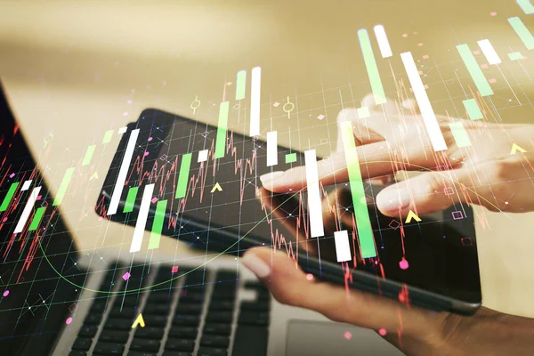 Multi exposure of abstract creative financial graph with finger presses on a digital tablet on background, forex and investment concept