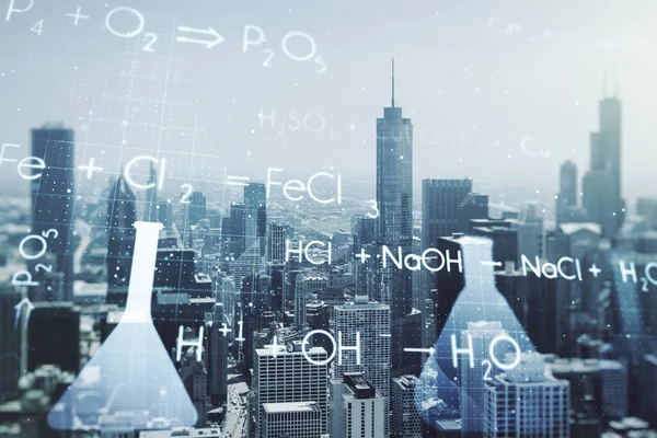 Double exposure of abstract virtual chemistry hologram on Chicago city skyscrapers background, research and development concept