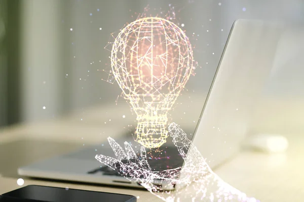 Creative light bulb illustration on modern computer background, future technology concept. Multiexposure