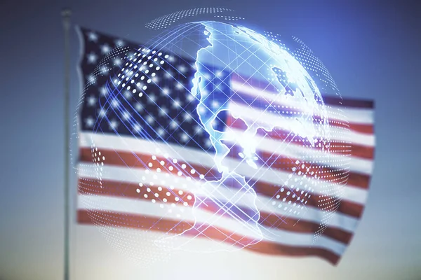 Virtual digital map of North America on USA flag and sunset sky background, international trading concept. Multiexposure