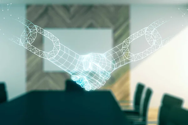 Abstract virtual block chain technology hologram with handshake on a modern coworking room background, cryptography and decentralization concept. Multi exposure