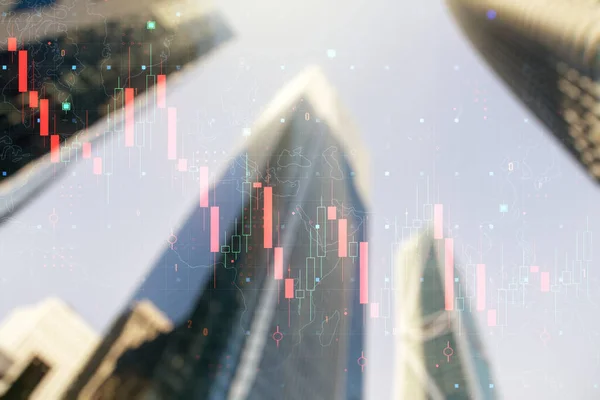 Double exposure of abstract virtual global crisis chart and world map hologram on modern skyscrapers background. Financial crisis and recession concept