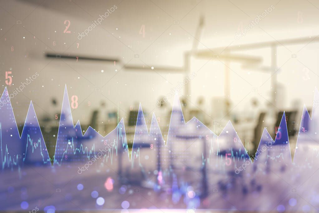 Double exposure of abstract virtual statistics data hologram on modern corporate office background, statistics and analytics concept