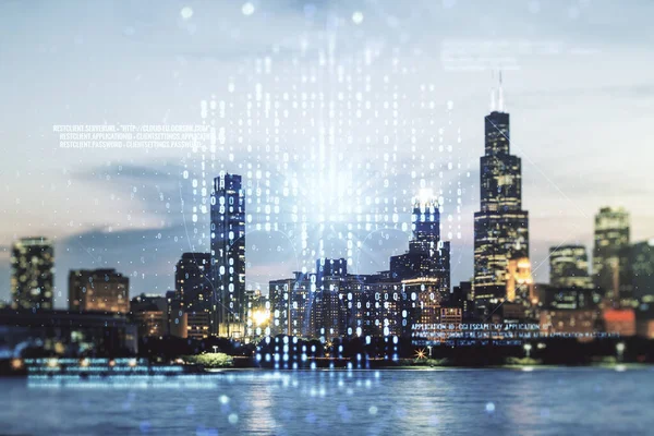 Abstract virtual code skull illustration on Chicago skyline background. Hacking and phishing concept. Multiexposure