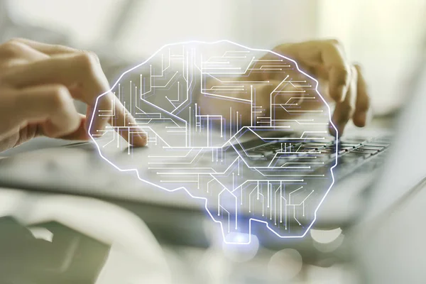 Dubbel exponering av kreativ artificiell intelligens symbol med händerna skriva på bärbar dator på bakgrunden. Neurala nätverk och maskininlärningskoncept — Stockfoto