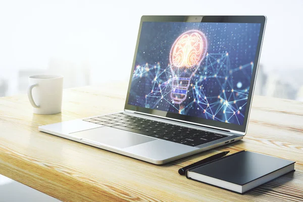 现代笔记本电脑显示器上的具有人脑全息图的创意灯泡、人工智能和神经网络概念。3D渲染 — 图库照片