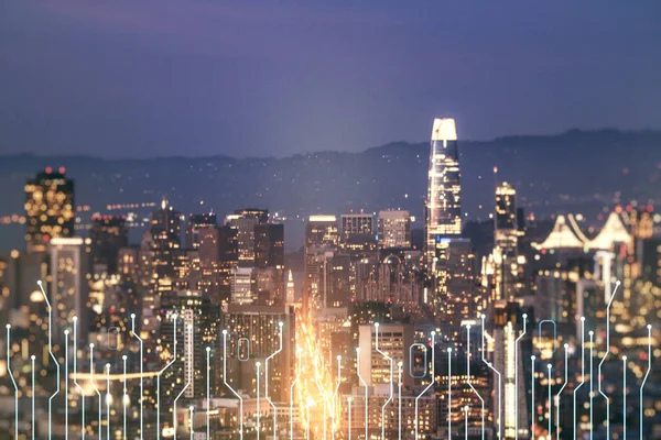 Doble exposición del holograma abstracto del circuito virtual en los rascacielos de la ciudad de San Francisco. Concepto de hardware de investigación y desarrollo — Foto de Stock