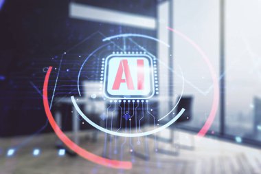 Double exposure of creative artificial Intelligence abbreviation and modern desk with computer on background. Future technology and AI concept clipart