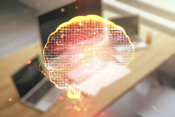 Double exposure of creative artificial Intelligence symbol and modern desktop with laptop on background. Neural networks and machine learning concept — Stock Photo, Image