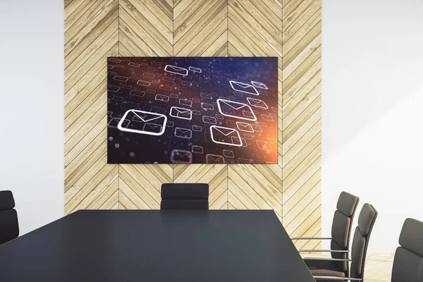 Postal envelopes hologram on presentation tv screen in a modern meeting room. Electronic mail and spam concept. 3D Rendering