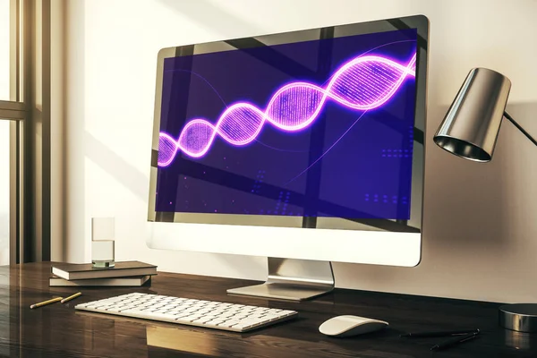 Monitor de computador moderno com holograma de DNA criativo. Bioengenharia e conceito de pesquisa de DNA. Renderização 3D — Fotografia de Stock