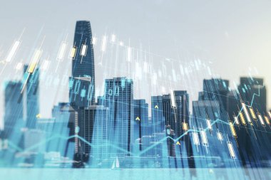 San Francisco 'nun siluet arkaplanı, ön planı ve yatırım konsepti üzerine soyut bir sanal grafik hologramı. Çoklu pozlama