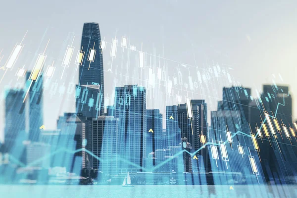 Abstraktes virtuelles Finanzgrafik-Hologramm auf dem Hintergrund der Skyline von San Francisco, Devisen- und Anlagekonzept. Mehrfachexposition — Stockfoto