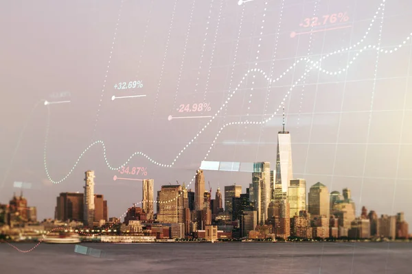 가상 분석 데이터 스프레드시트 ( 영어 : Abstract virtual analytics data spreadsheet on New York cityscape background, analtics and analysis) 개념. 과잉 노출 — 스톡 사진