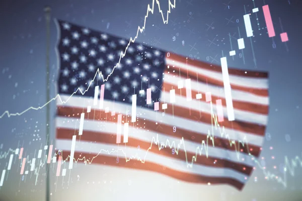 Dvojitá expozice virtuálního kreativního finančního diagramu na pozadí americké vlajky a modré oblohy, bankovní a účetní koncepce — Stock fotografie