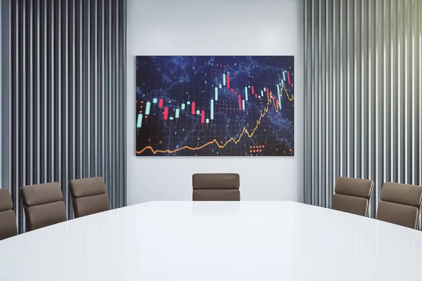 Modern bir konferans odasında sunum ekranında dünya haritası olan soyut yaratıcı finans grafiği, Forex ve yatırım konsepti. 3B Hazırlama — Stok fotoğraf