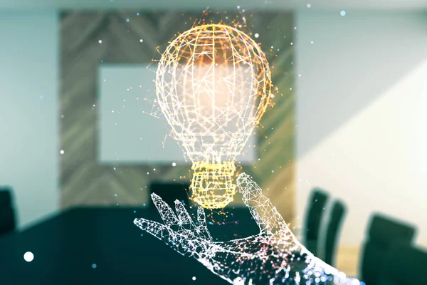 現代の会議室の背景に電球のイラストと仮想アイデアの概念。多重露光 — ストック写真
