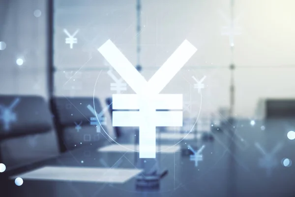 Esboço de símbolo Yen virtual abstrato japonês em um plano de fundo de sala de reuniões moderno, estratégia e conceito de previsão. Multiexposição — Fotografia de Stock