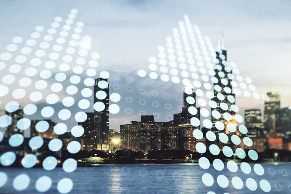 Virtuální šipky nahoru ilustrace na pozadí Chicaga panorama. Průlom a koncepce pokroku. Multiexpozice — Stock fotografie