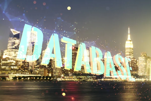 Dupla exposição do sinal de palavra do banco de dados em segundo plano da cidade de Nova York, pesquisa global e conceito de análise — Fotografia de Stock