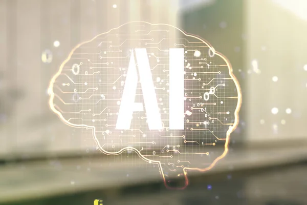 Wirtualny kreatywny hologram sztucznej inteligencji z ludzkim szkicem mózgu na rozmytym współczesnym budynku biurowym. Podwójna ekspozycja — Zdjęcie stockowe